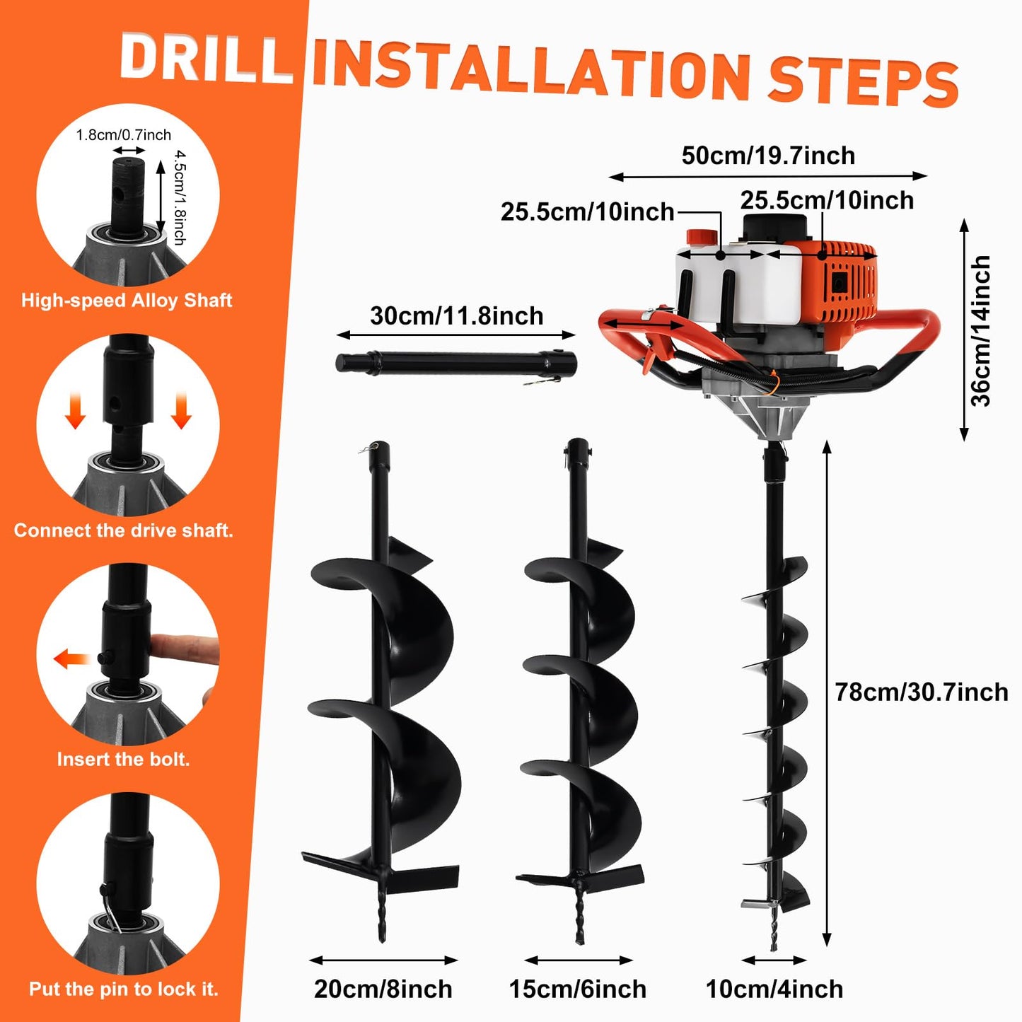 Donened - Earth Auger, 52cc 2 Stroke Petrol Spiral Digger with 3 Drill Bits (100mm, 150mm, 200mm), Extension & Tool Kit, Fence Post Hole Borer Ground