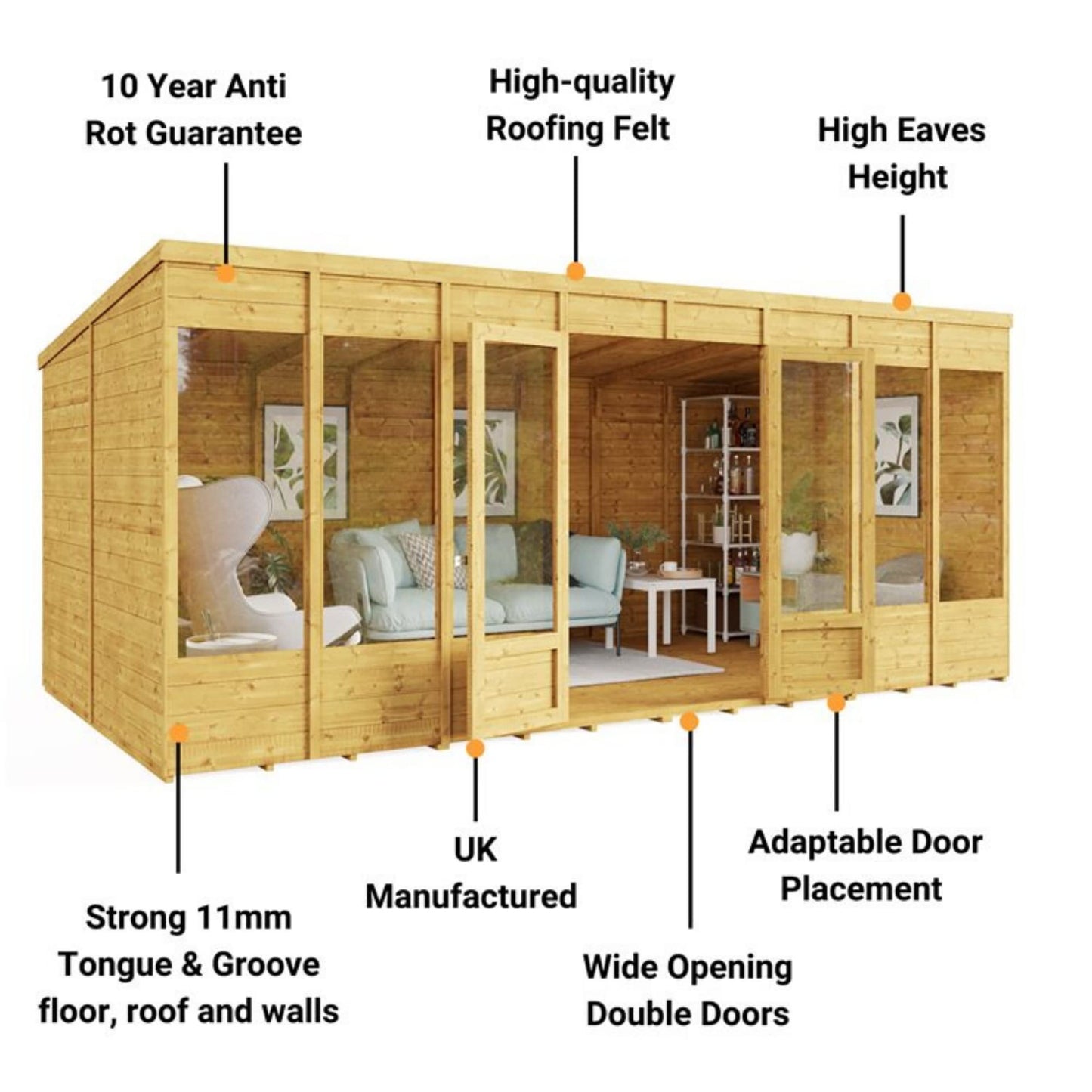 BillyOh Bella 16 x 8 Summer House Shed, Modern Pent Roof Log Cabin | Spray Treated - Garden Room with Wide Double Doors, Tongue and Groove Construction | Versatile Tiny Home or Garden Office