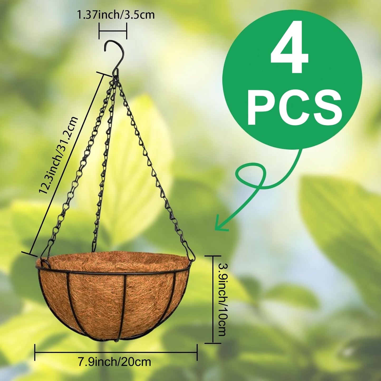 LATERN 4Pcs Metal Hanging Basket with Coco Liner, 20CM Round Metal Hanging Flower Pots Coconut Coir Liner Planter with 40cm Black Chain for Garden Porch Balcony Patio Plant Flower Decoration