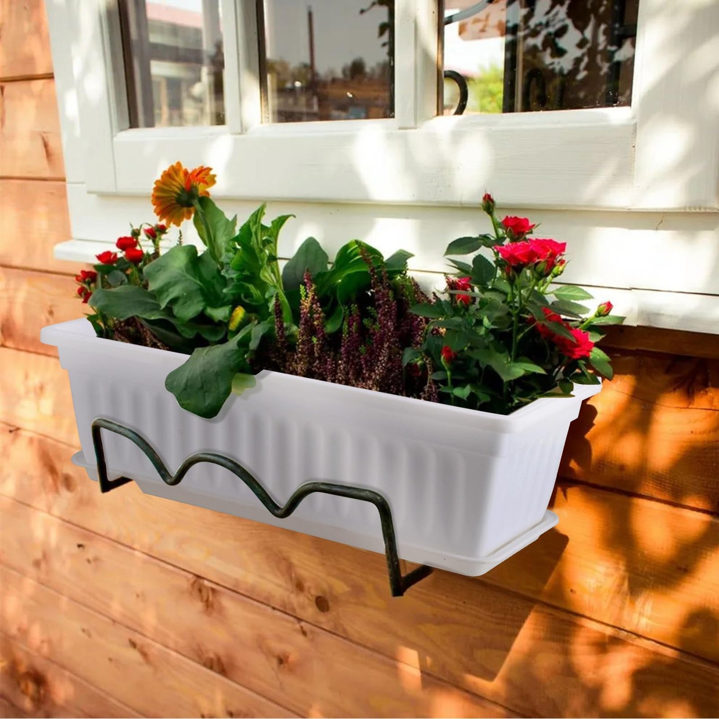 JOIKIT 6 PCS 17 Inch White Plastic Window Box Planter, 43cm Rectangular Flower Pot, Large Windowsill Planter with Removable Tray and Green Plant Label for Garden