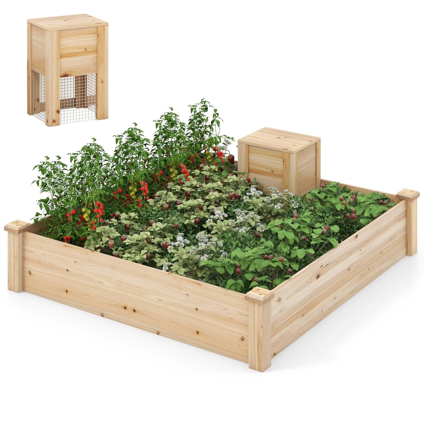 TANGZON Raised Garden Bed with Compost Bin & Open-ended Bottom, 124 x 124 x 26 cm Wood Planter Box Kit for Vegetables Flowers Herbs Fruits, Elevated Square Planting Bed for Backyard Patio