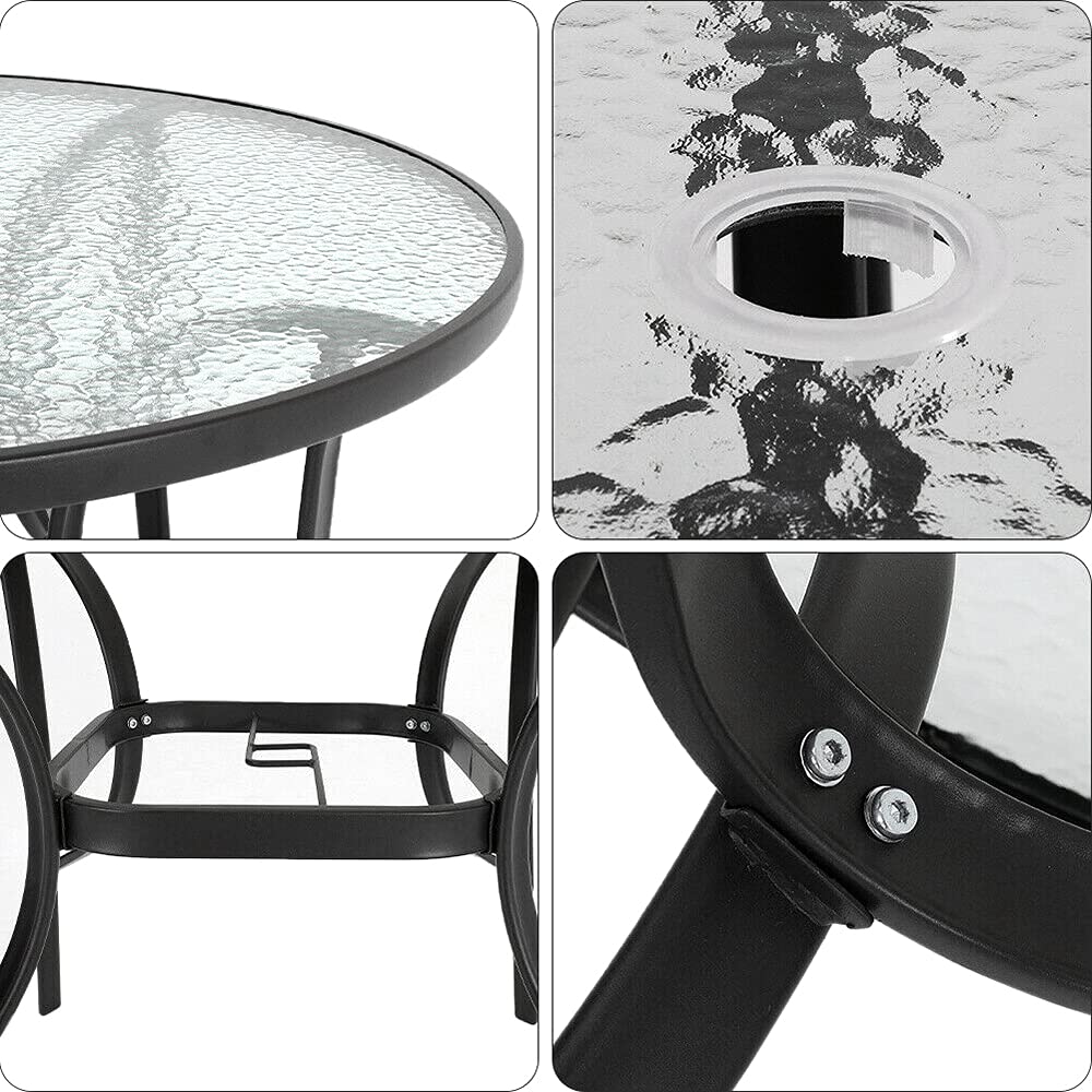 Panana 105cm Round Garden Dining Table with Parasol Hole, Outdoor Coffee Table with Tempered Glass Tabletop and Metal Frame for Conservatory, Patio, Balcony