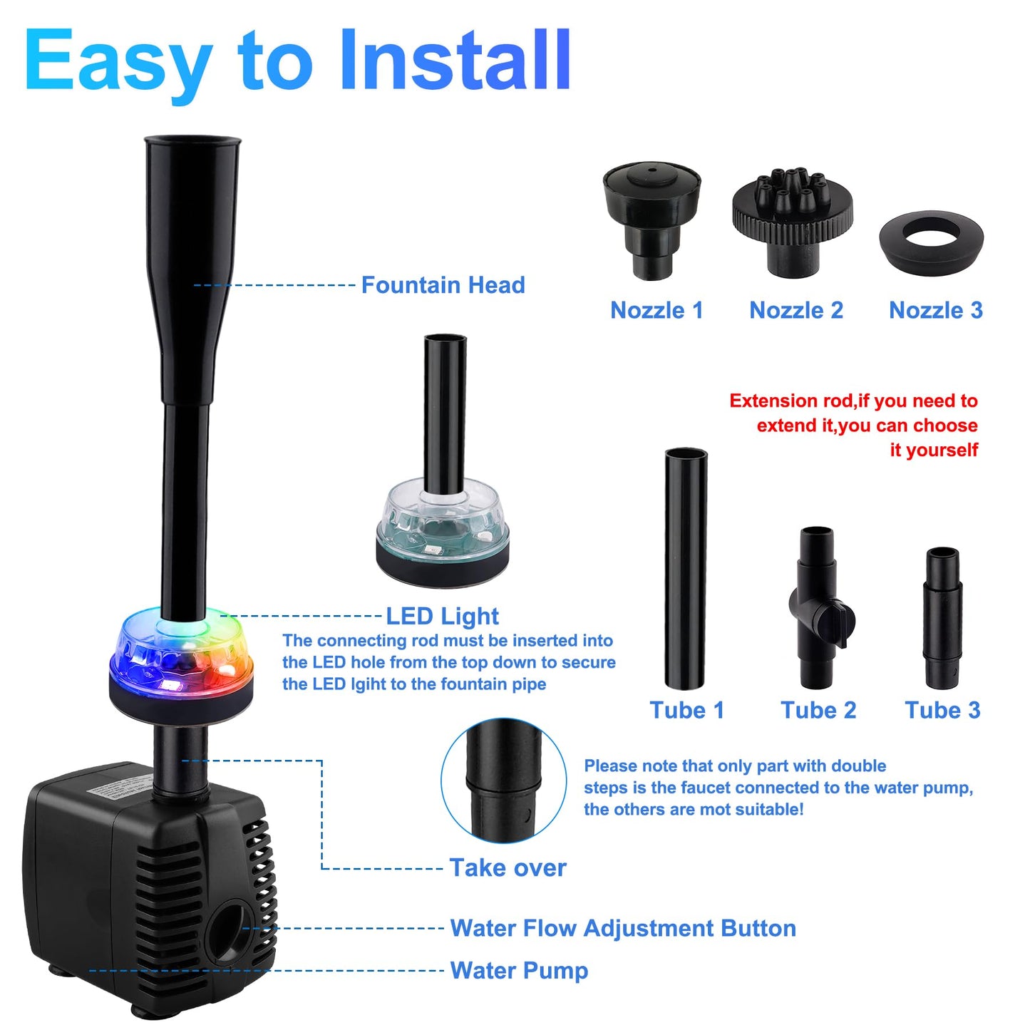 NATPOW Mini Submersible Water Pump, 800L/H Fountain Pump with 3 Colorful LED Lights, Pond Pumps with Mushroom and Blossom Spray Head for Aquarium Fish Tank, Outdoor Fountain, Water Feature