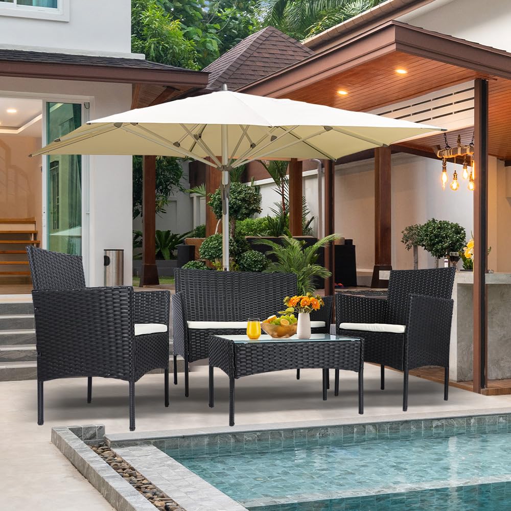 Panana Rattan Garden Furniture 4 Piece Set Table Sofa Chair Patio Outdoor Conservatory Black