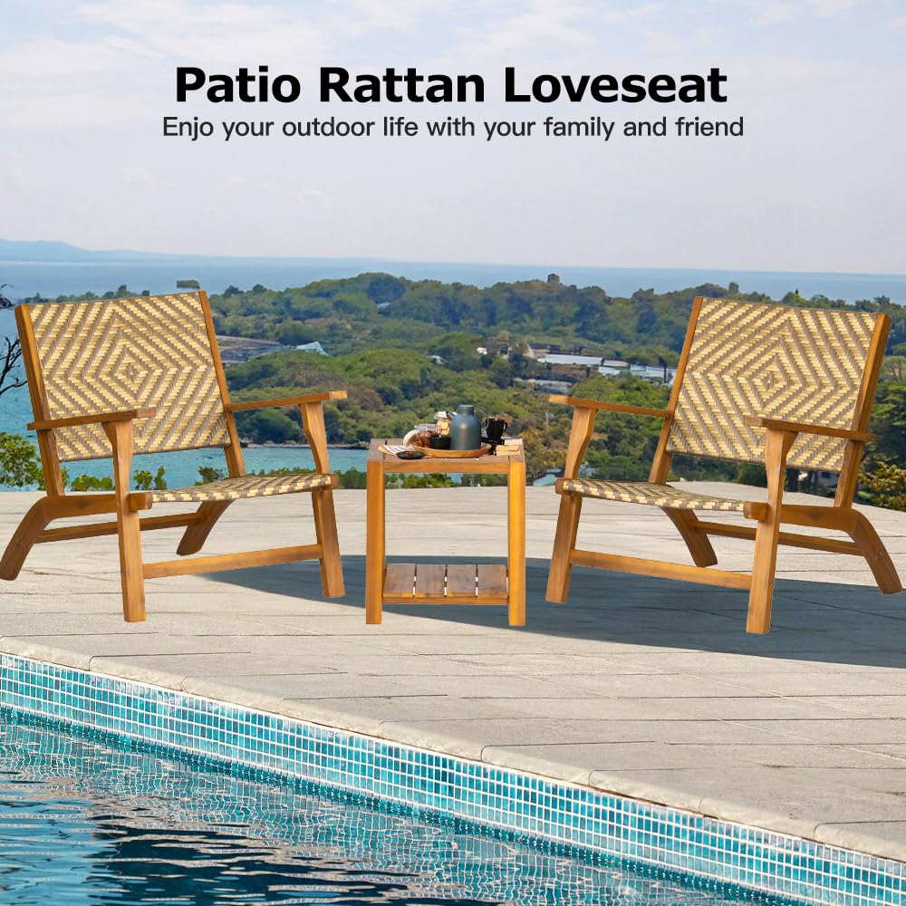 Panana 3 Pieces Garden Furniture Set Solid Acacia Wood Side Table and PE Rattan Wicker Wooden Chairs Bistro Set for Outdoor, Patio, Porch, Poolside, Balcony