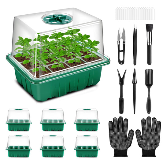 Verdenu Seed Trays, 6 PCS Propagator Kit with Heightened Lids, Seedling Starter Growing Trays with 6 Gardening Tools, and Adjustable Ventilation for Greenhouse Plant Germination