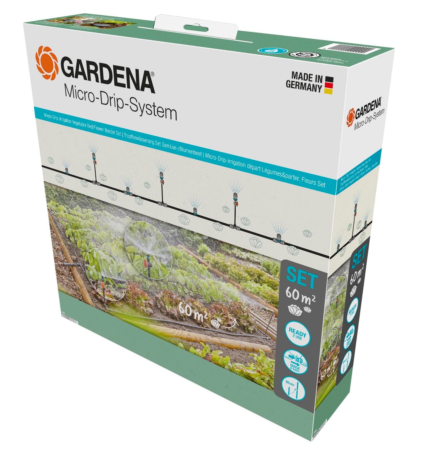 Gardena Micro-Drip-System Drip Irrigation Set Vegetable/Flower Bed (60 m²): Starter set, ready to use, water-saving irrigation system, simple & flexible connection technology (13450-20)