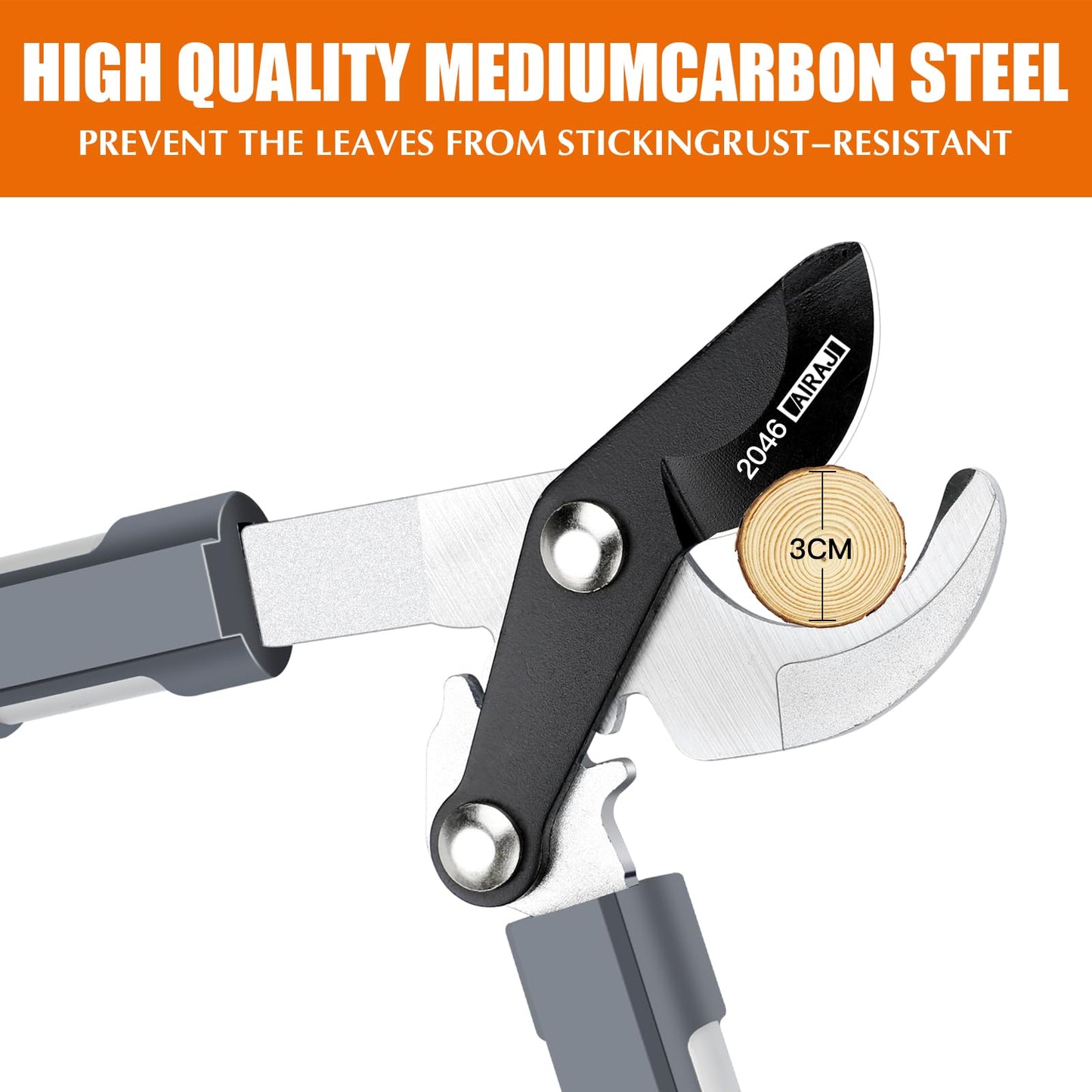 AIRAJ Bypass Loppers 43cm,Gardening Tree Loppers,Cuts 3cm Branches,Teflon Coated and SK5 Sharp Blades,Can Cut Dry and Wet Branches