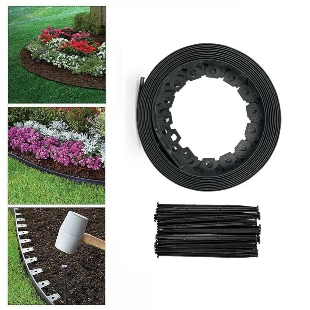Grey Lawn Edging Border - 10 m / 33 ft Long Flexible Plastic Garden Edging & 20 Securing Pegs - Easy to Cut and Shape - Perfect for Flower Beds, Lawn, Pavement (38 mm High)