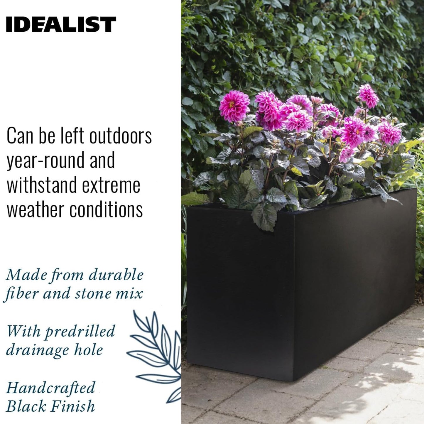 IDEALIST 85cm Large Trough | Black Reinforced Stone Rectangle Plant Pot | Garden Planters with Drainage Holes L85 W26 H41 cm, 60 litres