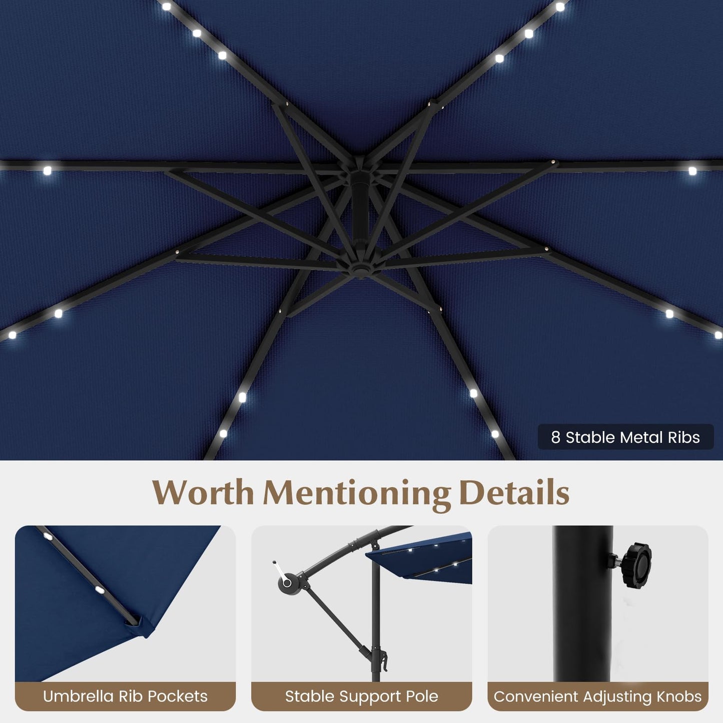 COSTWAY 3M Cantilever Garden Parasol, Hanging Offset Umbrella with 40 LED Lights, Solar Panel Batteries & Sand Bag, Outdoor Water-proof Canopy Sunshade Shelter for Patio Balcony (Navy)