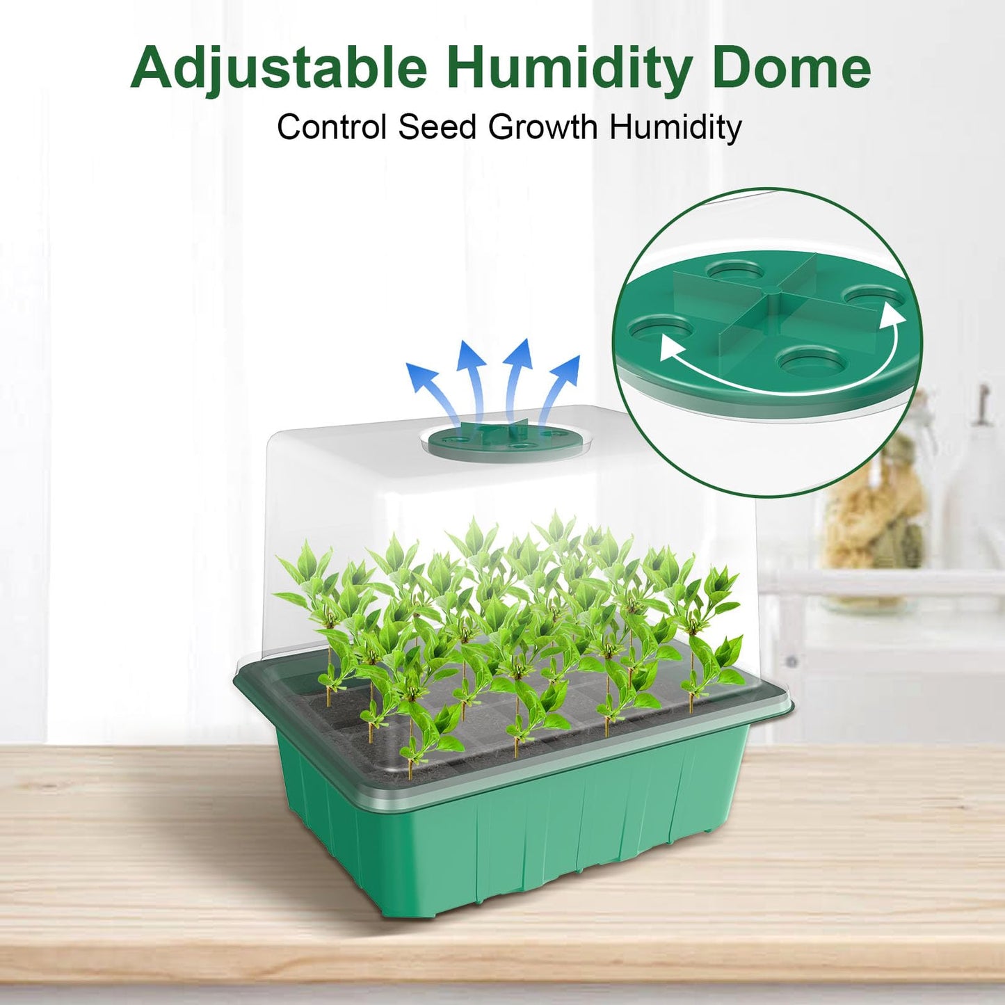 MQUPIN Seed Trays, 10 Pack 120 Cells Seed Propagators with Heightened Lid, Seedling Starter Reusable Growing Trays for Plants with Adjustable Window for Indoor or Outdoor, Green