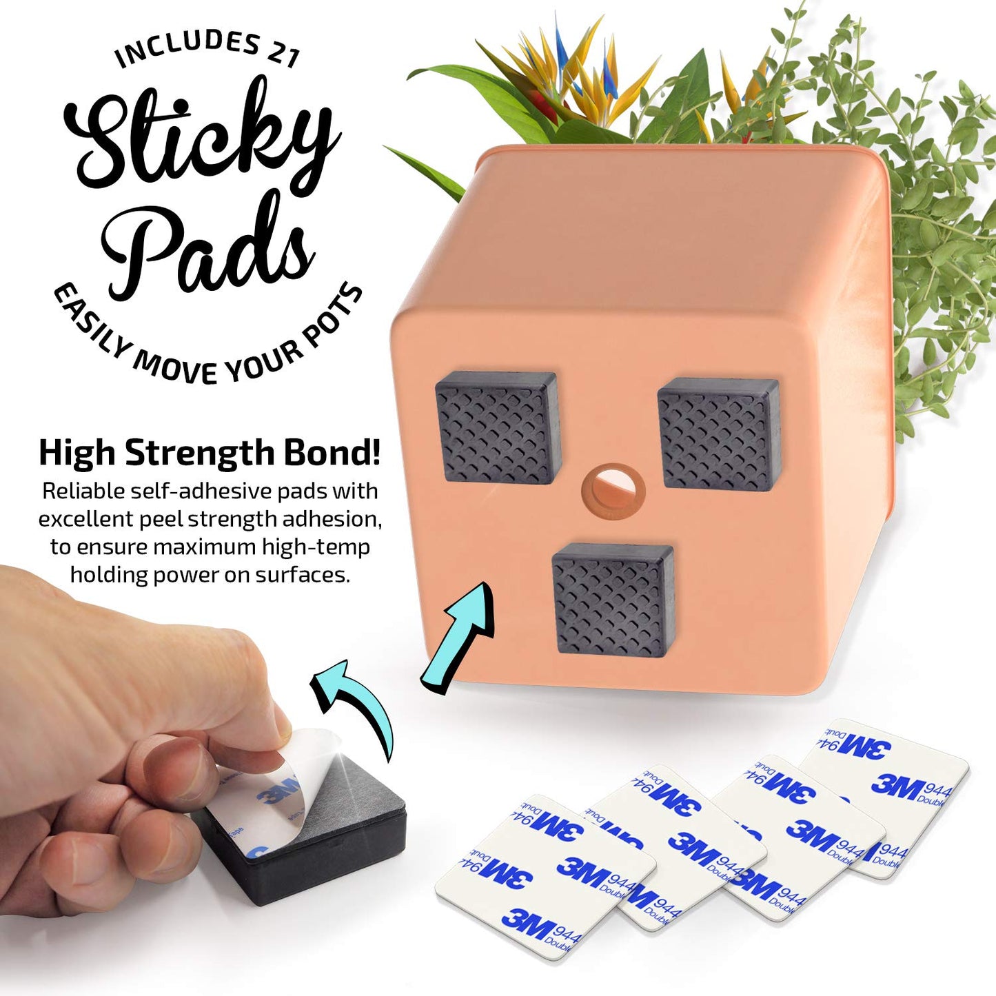 The Garden Gecko Invisible Pot feet for outdoor plant pots and flowers, solid rubber risers with a custom non-slip square surface grip | 21 POT FOOT - 21 STRONG ADHESIVE PADS.