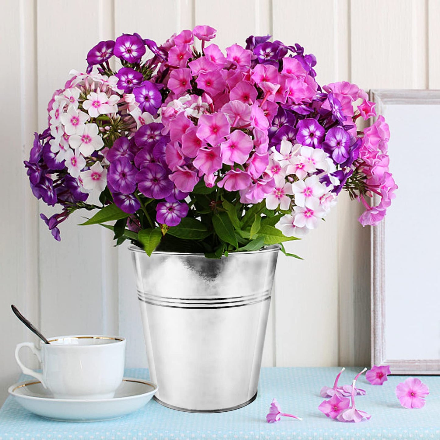 WAIZHIUA 12Pack Metal Plant Pots with Mini Tools, 12cm Depth Herb Pots, Galvanised Iron Garden Planters for Plants Herb Flowers Shrubs Indoor Outdoor DIY Use