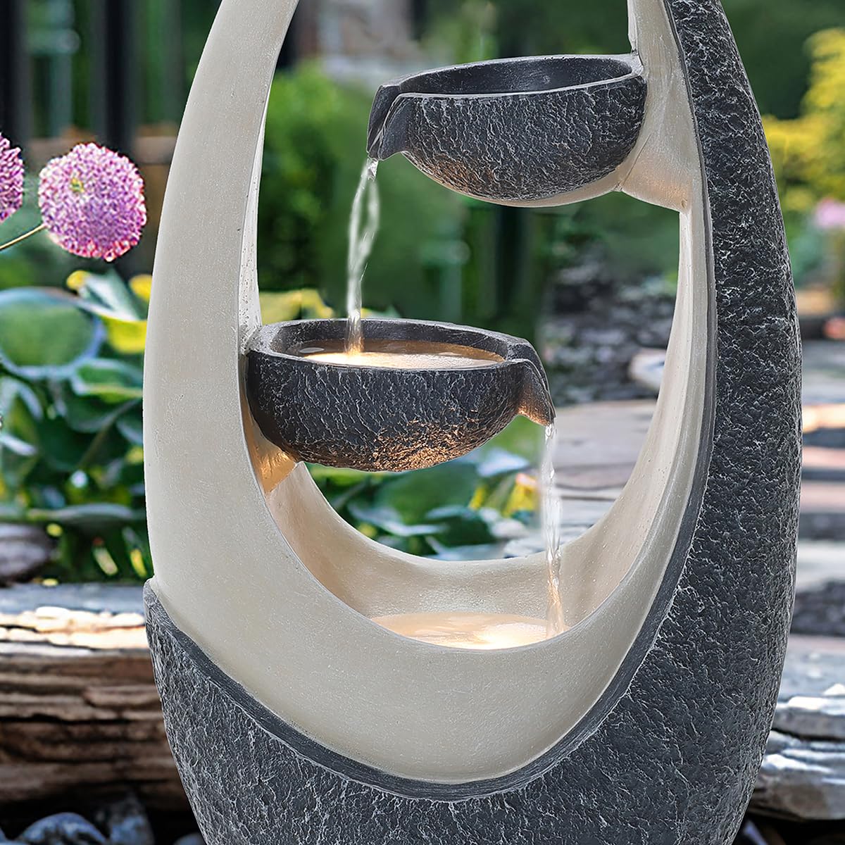 CHARLES BENTLEY 2 Tier Water Feature, UV Resistant, Weather Resistant, Mains Powered, Plug Included, Frost Resistant, Warm White, Water Fountain, Built In LED Lights, Oval Design (59.5x30x23.5cm)