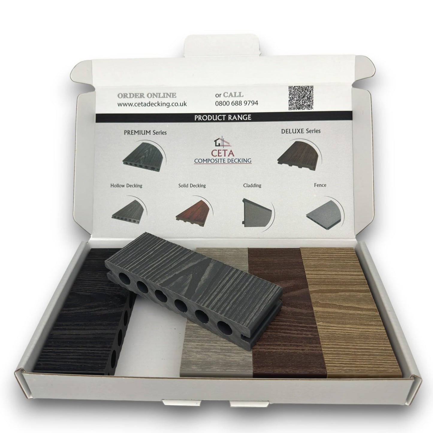 Ceta Composite Decking Premium Composite Decking Board Samples, 3.6m Length, Woodgrain Decking Board, Charcoal, Grey, Silver, Light Brown, Dark Brown, Hollow Decking Board
