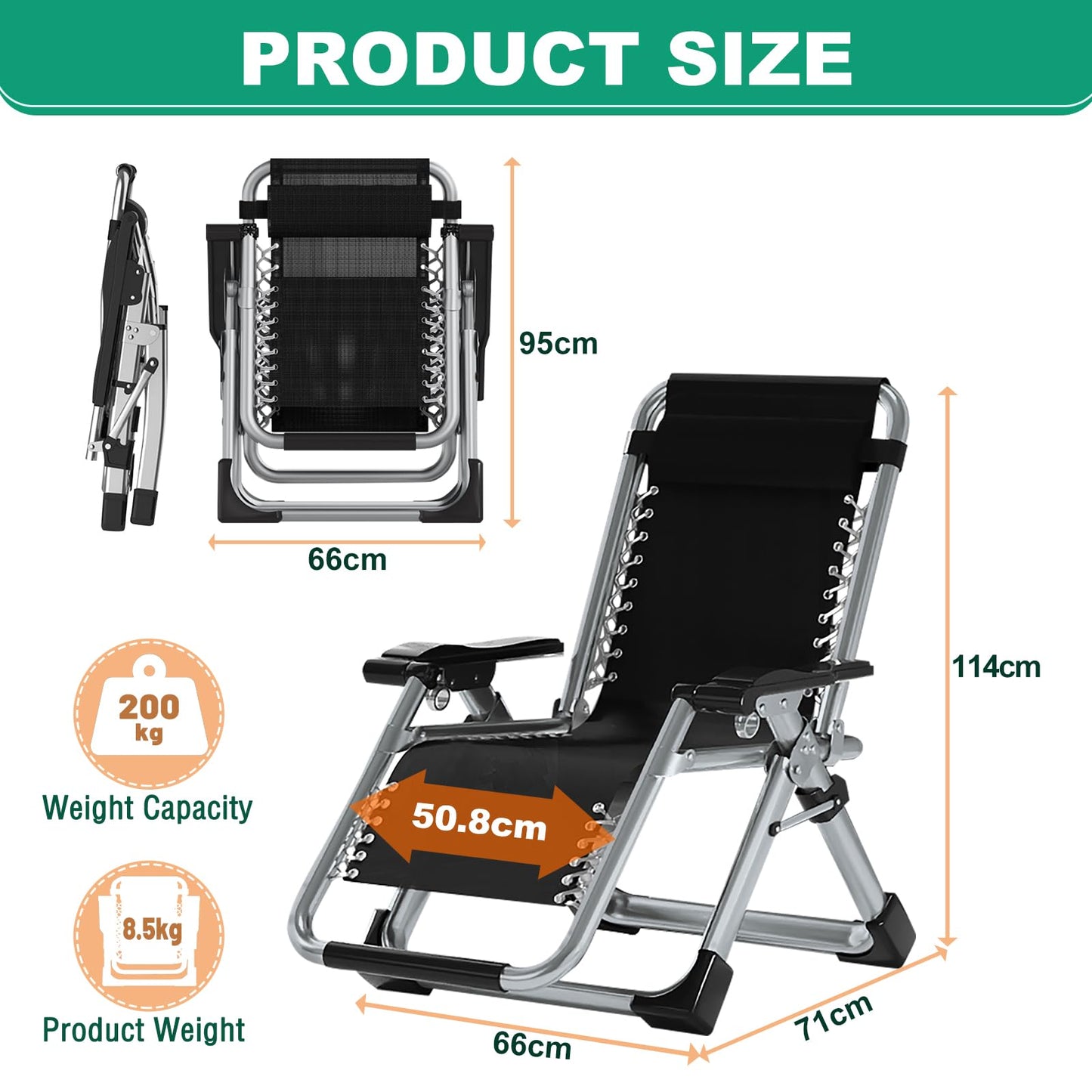 SUNYRISY Sun Lounger Garden Chair, Heavy Duty Adjustable Zero Gravity Chair with Cushion, Headrest, and Pocket, 200kg Support Foldable Lawn Garden Recliner Chairs for Outdoor/Indoor