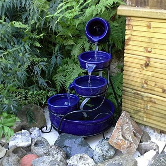 Primrose 55cm Solar Powered Blue Ceramic Outdoor Jug & Dish Water Feature with Battery Backup and LED Lights