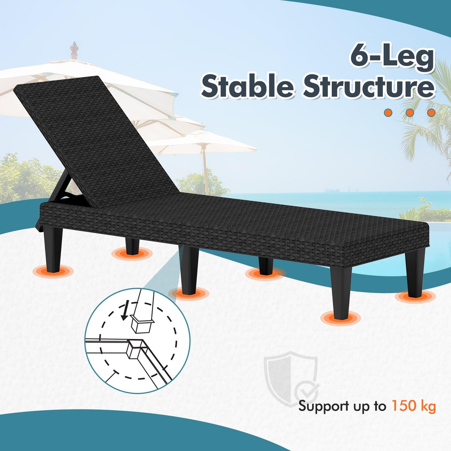 COSTWAY Garden Sun Lounger, PP Rattan-Style Patio Chaise Lounge Deck Sunbed with 3-Position Adjustable Backrest and 6 Legs, Outdoor Sunbathing Recliner Chair for Balcony Poolside Beach, Black