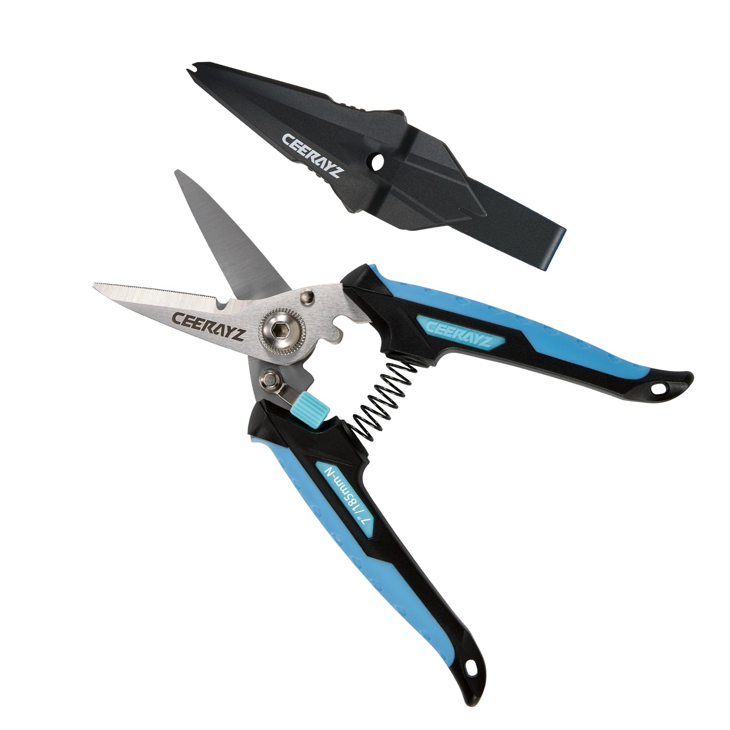 CEERAYZ 185mm Notch Scissors All Purpose Heavy Duty, Garden Shears, Scissors for DIY Projects, Office, Production Lines, Pruning, with Protective Sheath (Black/Blue)