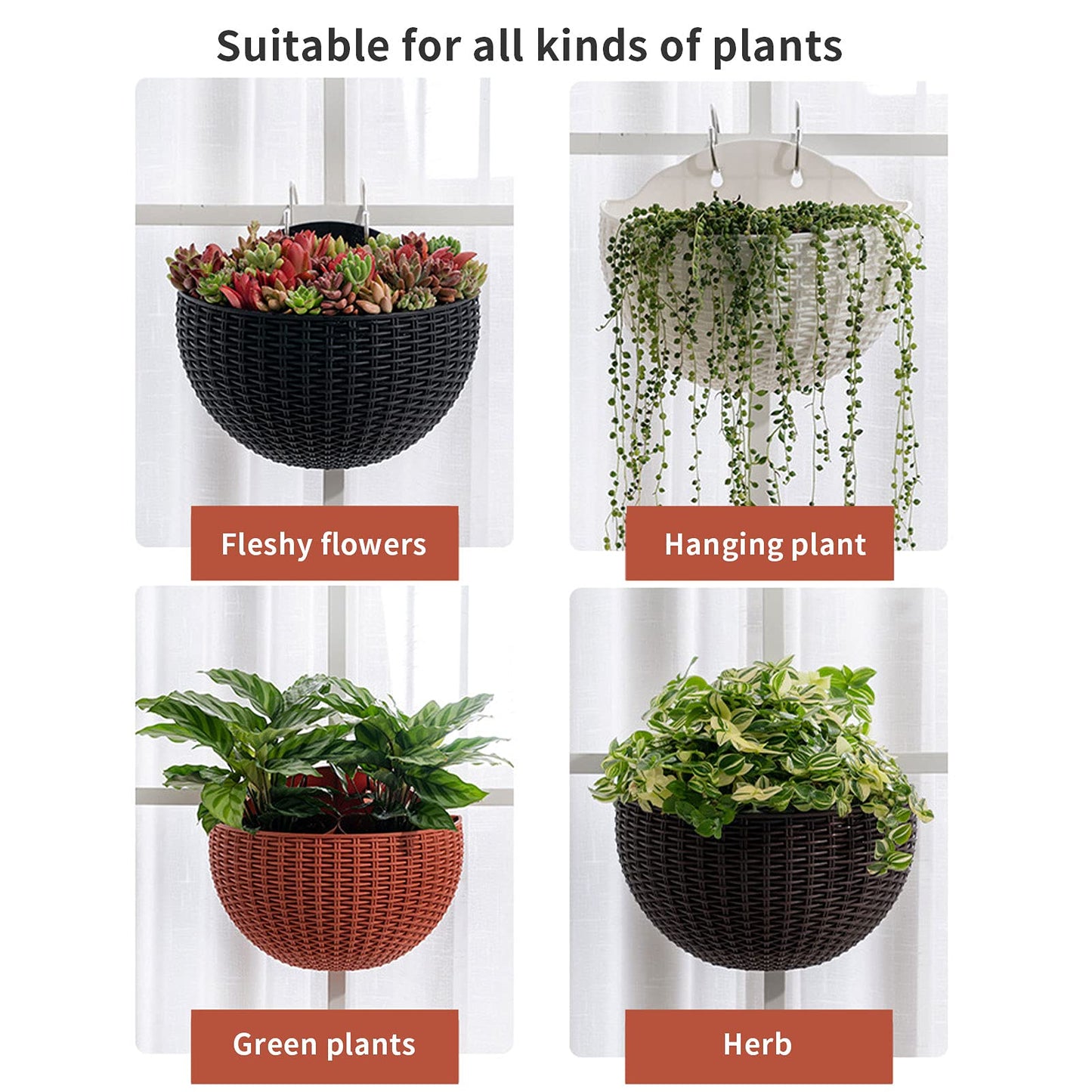 2 Pcs Imitation Rattan Wall Hanging Flower Pot, Semicircle Hanging Planters Outdoor with Drainage Hole and Hooks, Plastic Garden Hanging Basket for Balcony Fence (Coffee)