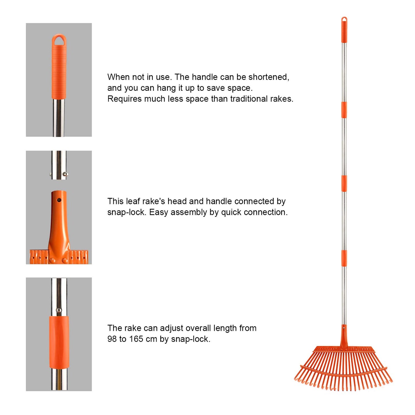 KPUY Steel Garden Rake for Lawn, Telescopic Leaf/Grass Rake, 98cm-165 cm Adjustable Handle - 25 Tines Durable Steel Head&Garden Gloves for Quick Clean Up of Lawn and Yard(Tangerine)