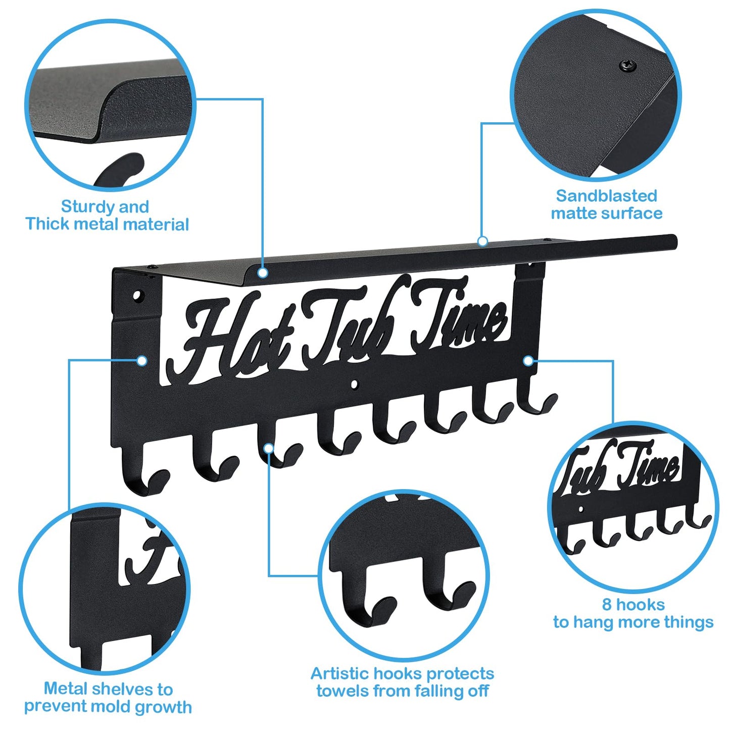 IBosins Towel Rack for Hot Tub with Shelf Bathroom Towel Holder 8 Hooks Towel Hanger Wall Mounted for Robes, Clothes, Towels - Hot Tub Accessories Outdoor