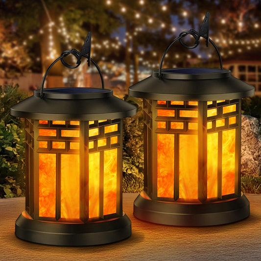 KALAHOL Solar Lanterns, LED Hanging Solar Garden Lanterns, Realistic Flickering Flame, Waterproof Decorative Garden Ornaments for Pathway, Patio, Table, Outdoor (2 Pack)