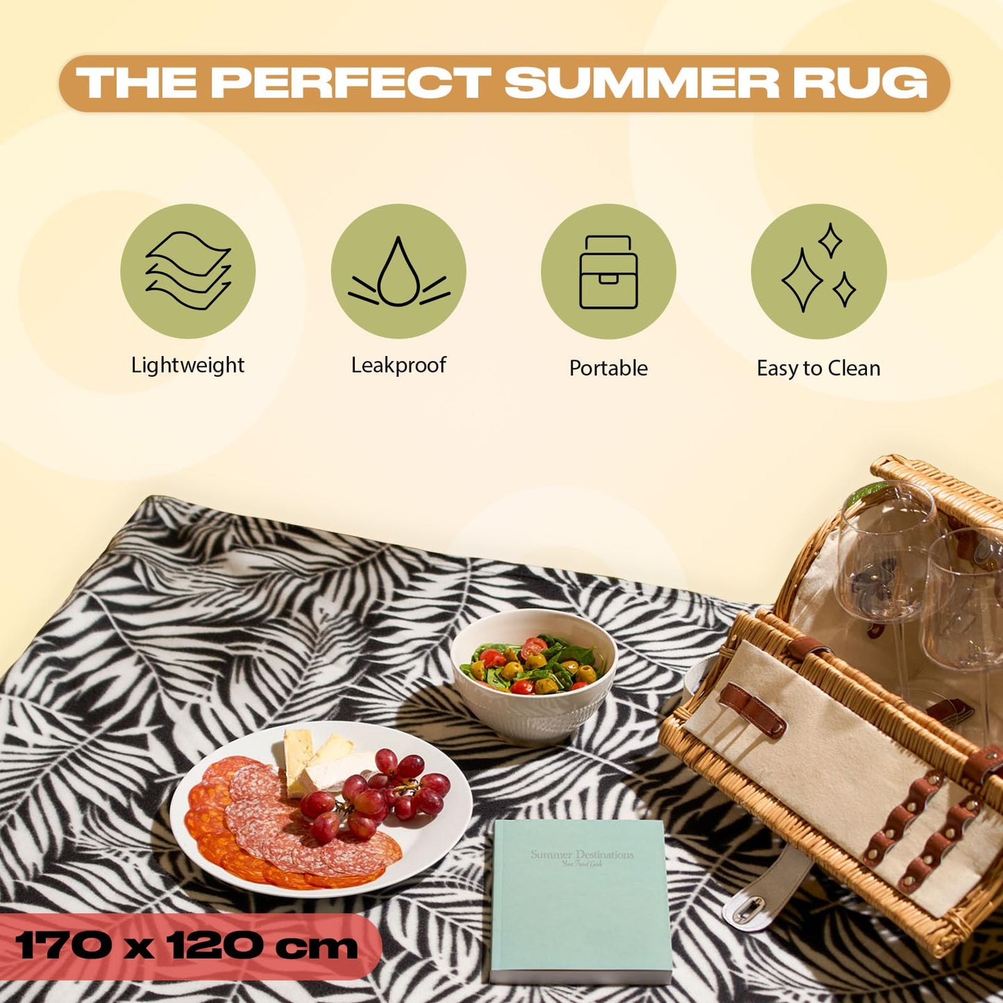 OHS Garden Rug Leaf Black/White, Large Outdoor Rug Water Resistant Foldable Area Rugs Easy Storage Reversible Mat for Summer Garden Patio Decking, 120 x 170cm