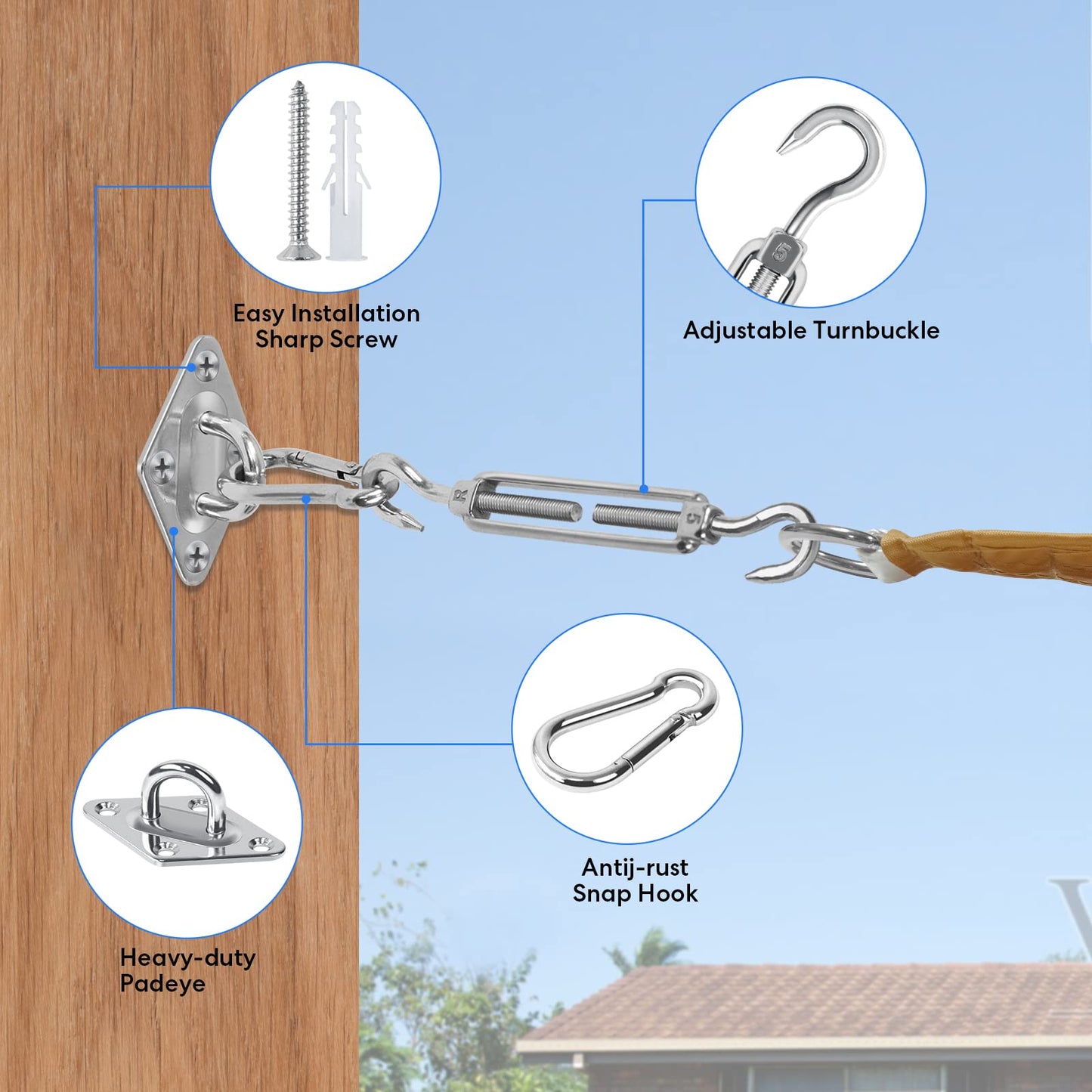Covlongyu Awning Attachment Set, M5 Heavy Duty Sun Shade Sail Stainless Steel Hardware Kit for Rectangular/Triangles and Square, Suitable for Garden/Outdoor/Patio Lawn Sunshade Hooks (48pcs)