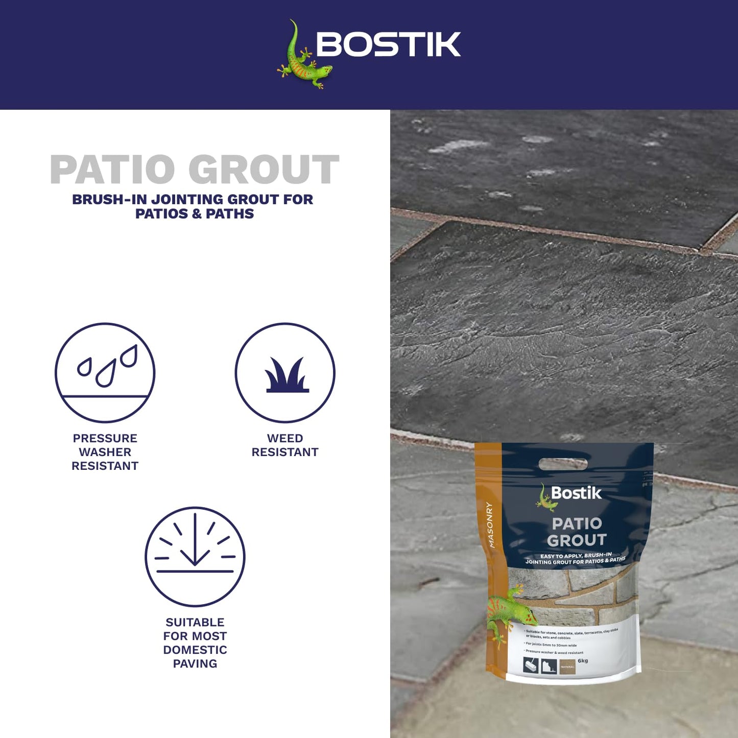 Bostik Patio Grout, Easy to Use, Alternative to Traditional Cement, for Filling and Sealing Joints, Colour: Natural, 6kg