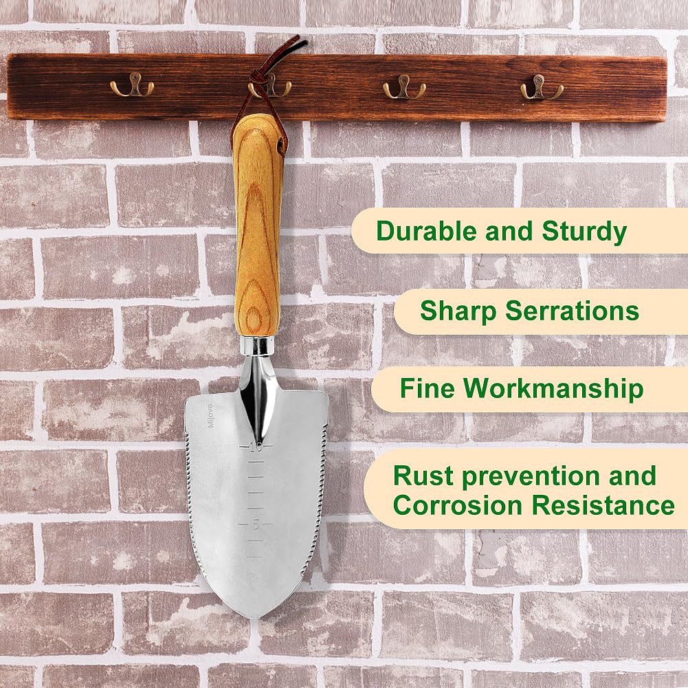 Garden Trowel, Hand Trowels Shovel with Measuring Depth Mark, Ergonomic Wood Grain Handle, Stainless Steel Gardening Tool for Planting, Weeding, Transplanting and Smoothing Soil (Trowels-1)