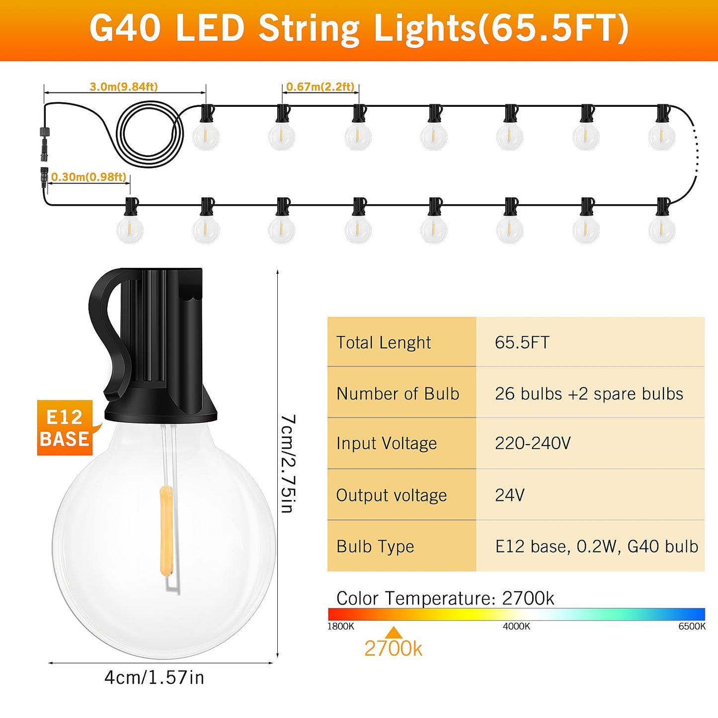 Outdoor String Lights 65.5ft LED Garden Festoon Light Mains Powered 20M Dimmable Timer Waterproof G40 Bulbs Hanging Patio Lighting with Remote Control for Outside Gazebo Pergola Balcony Cafe