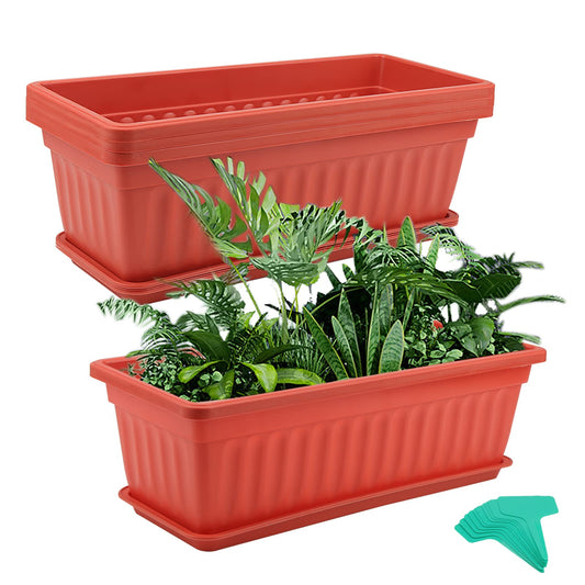 MUKCHAP 4 PCS 43cm/17 Inch Red Plastic Window Box Planter, Rectangular Window Flower Plant Box with Trays and Plant Labels, Rectangular Windowsill Planter for Vegetables