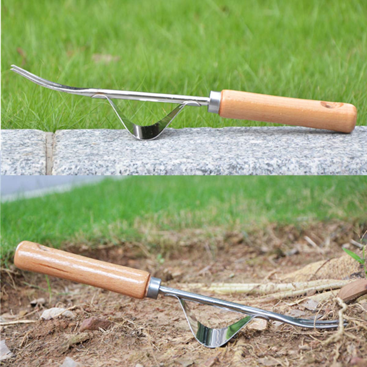 Garden Weeder Hand Weeder Fork Tool Weed Puller Removal Stainless Steel Manual Digging Dandelion Remover Tool Lawn Farmland Transplant Tool with Smooth Wood Handle