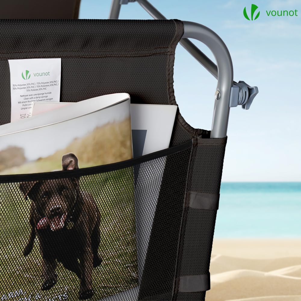 VOUNOT® Folding Sun Loungers Set of 2, Textilene Reclining Sunbed with Adjustable Backrest & Sunshade for Garden, Beach, Patio, Pool, Camp, Load 110 kg, Black