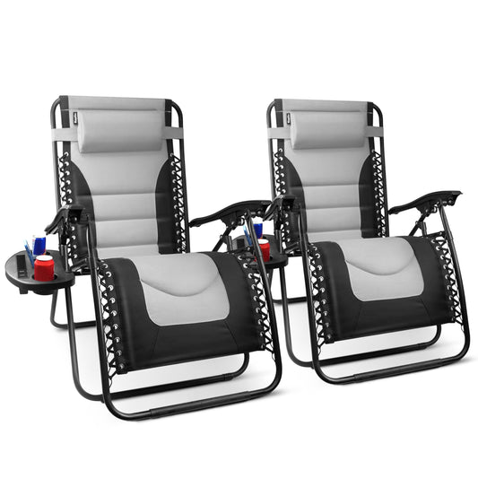 KEPLIN Set of 2 XXL Premium Heavy Duty Textoline Zero Gravity Chairs - Luxurious Garden Recliners, Adjustable Headrest, Cup & Phone Holder, Foldable & Easy to Clean Patio Sun Loungers (Light Grey)