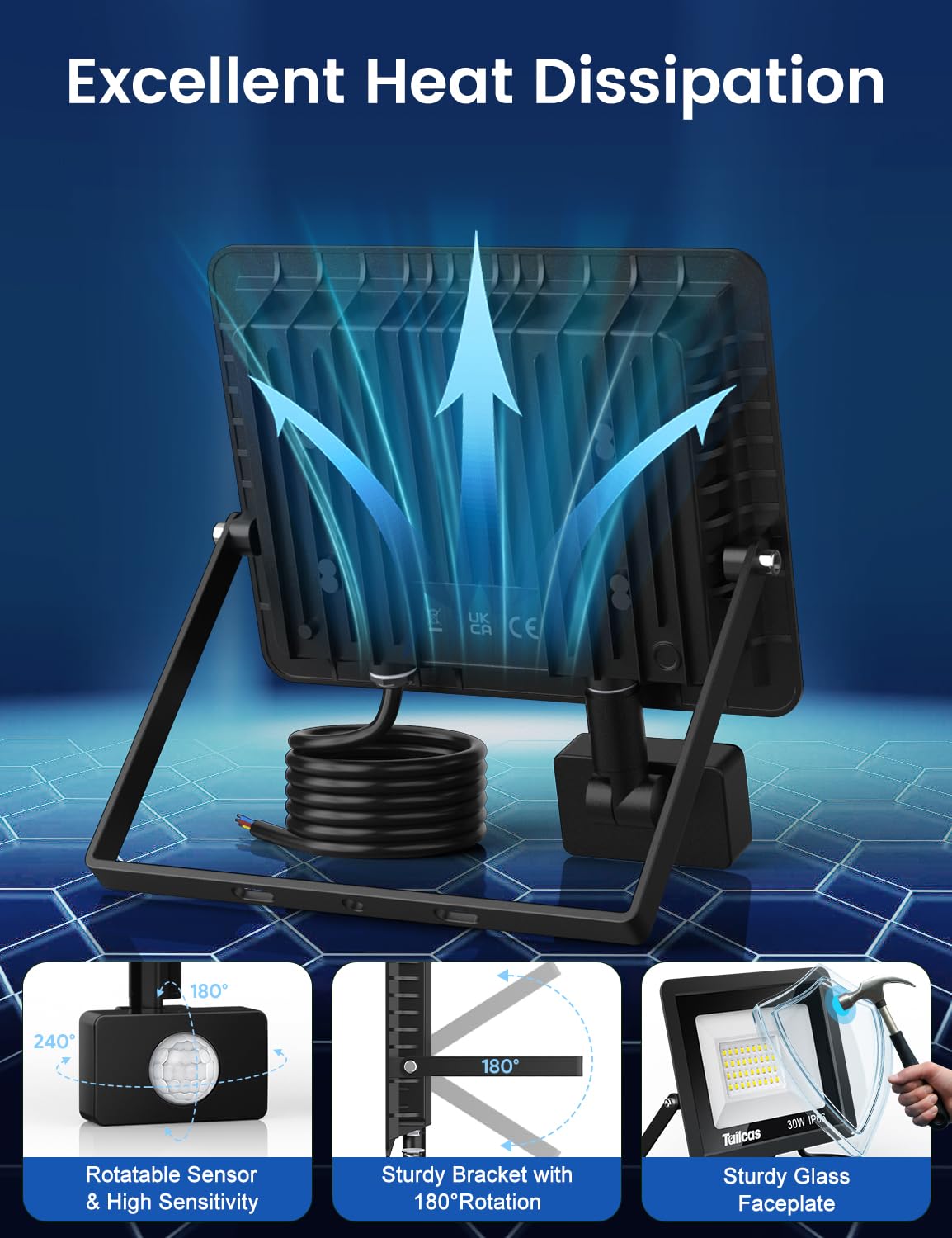 TailcasLED Security Lights Outdoor Motion Sensor 30W, 2700LM 6500K PIR Security Light with IR Remote Control, IP66 Waterproof Outdoor Lights Dimmable Floodlight for Garden Backyard