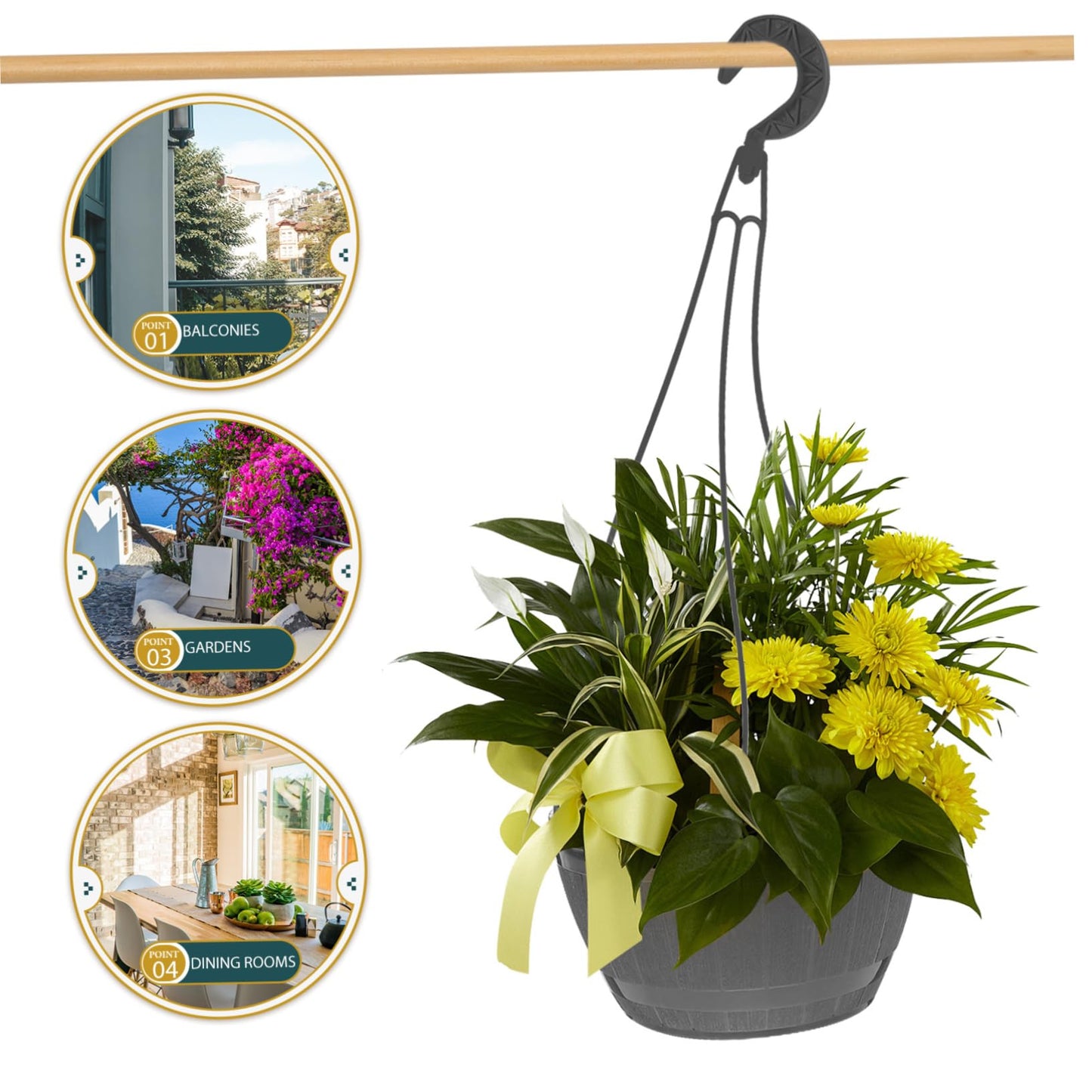 DIKACA Hanging Planters Baskets Self-watering Faux Wood Barrel 2pcs for Outdoor Patio Balcony and Indoor Plant Decor