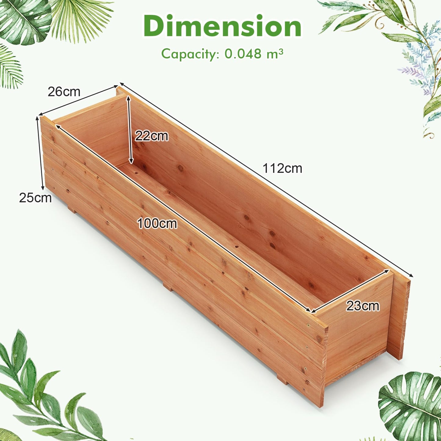 GiantexUK Wooden Garden Planter, Rectangular Raised Bed Flower Pot with 2/4 Drainage Holes, Indoor Outdoor Elevated Planter Boxes Container for Plants Herbs Fruits Vegetables (112x26x25cm, 2 Holes)