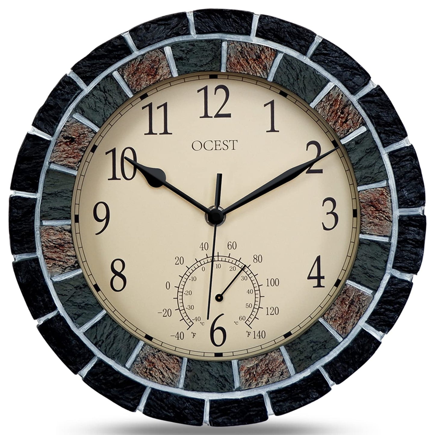 OCEST 10.5 Inch Garden Clock Outdoor Waterproof, Thermometer Silent Non-ticking Battery Operated Wall Clocks Retro Decorative for Pool, Kitchen, Patio