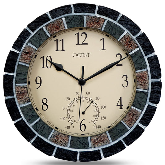 OCEST 10.5 Inch Garden Clock Outdoor Waterproof, Thermometer Silent Non-ticking Battery Operated Wall Clocks Retro Decorative for Pool, Kitchen, Patio