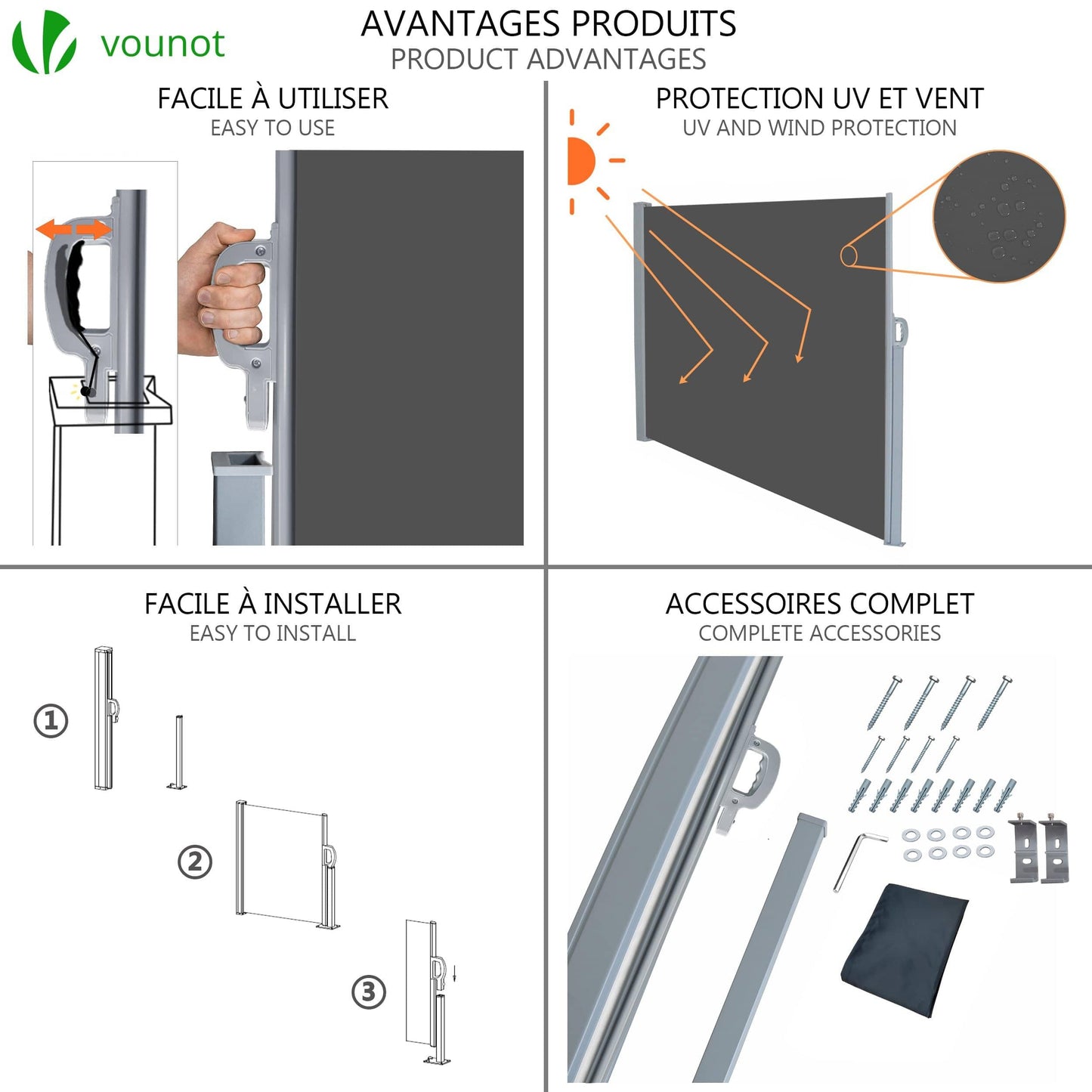 VOUNOT Side Awning Retractable, Outdoor Privacy Screen for Garden, Balcony, Terrace, 140 x 300 cm, Grey