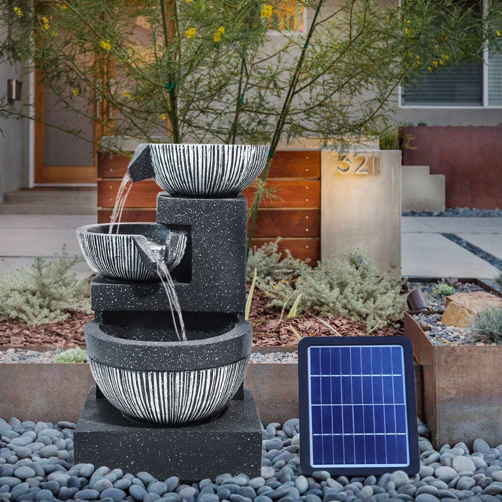 Garden Water Feature Decorate Cascading Tiered Water Fountain Pump Waterfall with LED Lights Indoor/Outdoor, Solar Powered, 3 Bowls