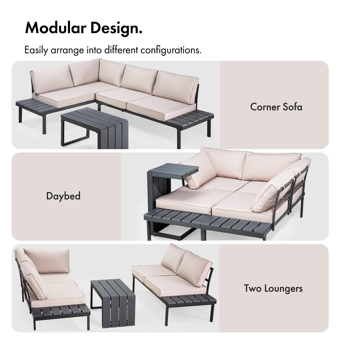 VonHaus Garden Furniture Set - Modular Outdoor Sofa with Coffee Table - 3 in 1 Multi-Use Patio Lounge Set with Daybed & Lounger Configurations - Steel Frame with Padded Cushions - Aruba Grey