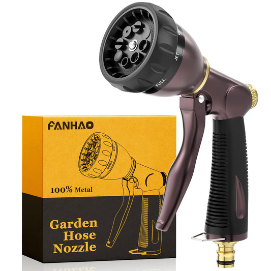 FANHAO Heavy Duty Garden Hose Pipe Spray Gun, 100% Metal Hose Gun with 8 Spray Patterns, High Pressure Hose Nozzle with Non-Slip Grip for Watering Plants & Lawns, Washing Cars & Pets -Bronze