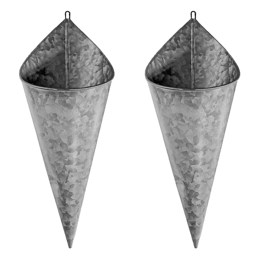 Hallops Galvanized Wall Planter - Two (2) Cone Metal Hanging Vase Container. Farmhouse Rustic Decor. Tin Style Tall Bucket or Pocket for Plants or Flowers