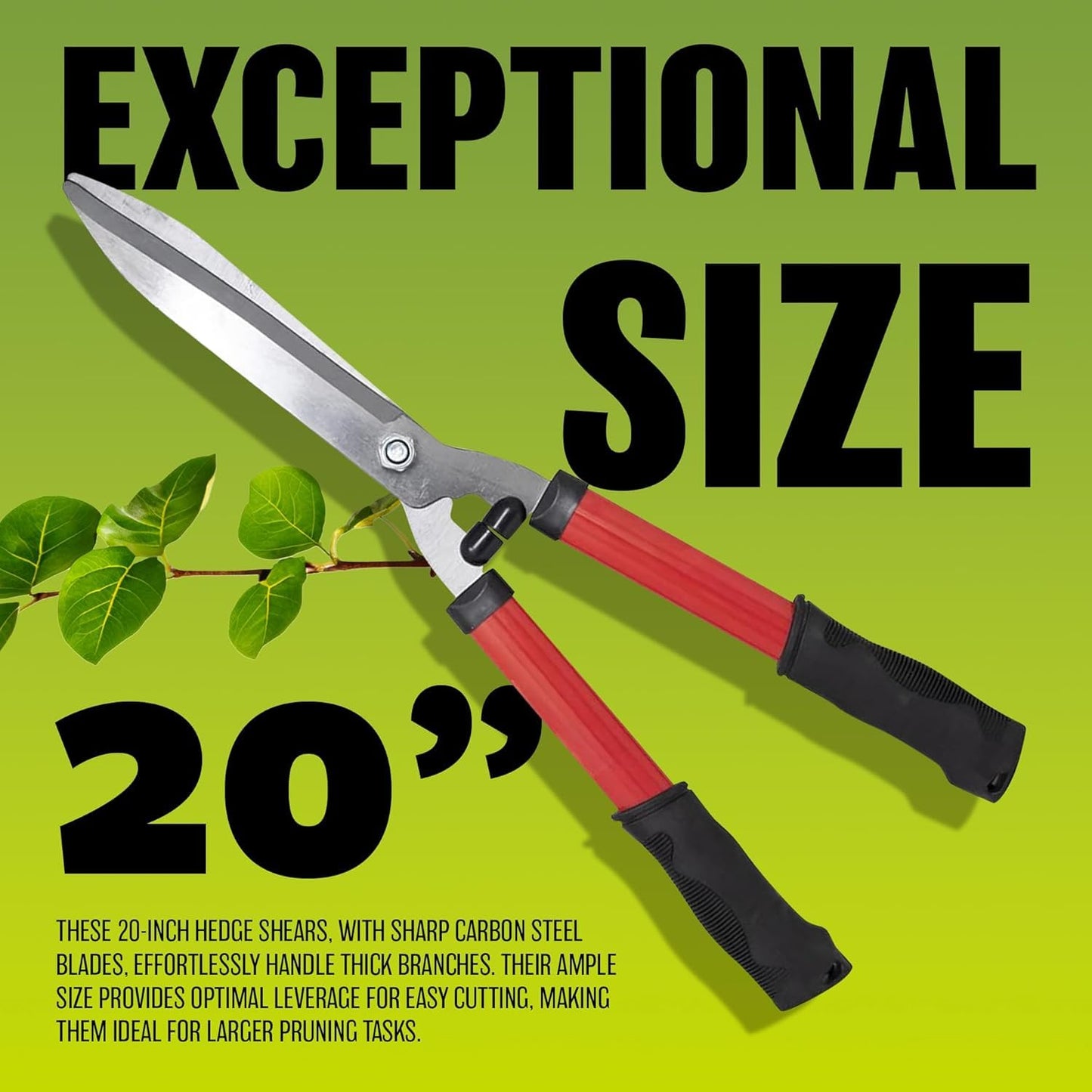 20'' Carbon Steel Hedge Shears - Anti-Slip Handles Grip Garden Grass Shrubs Bushes Trimmer | Lightweight, Razor Sharp Cut, Rust Resistant - Blade Tools for Gardening, Cutting, Trimming, Shearing