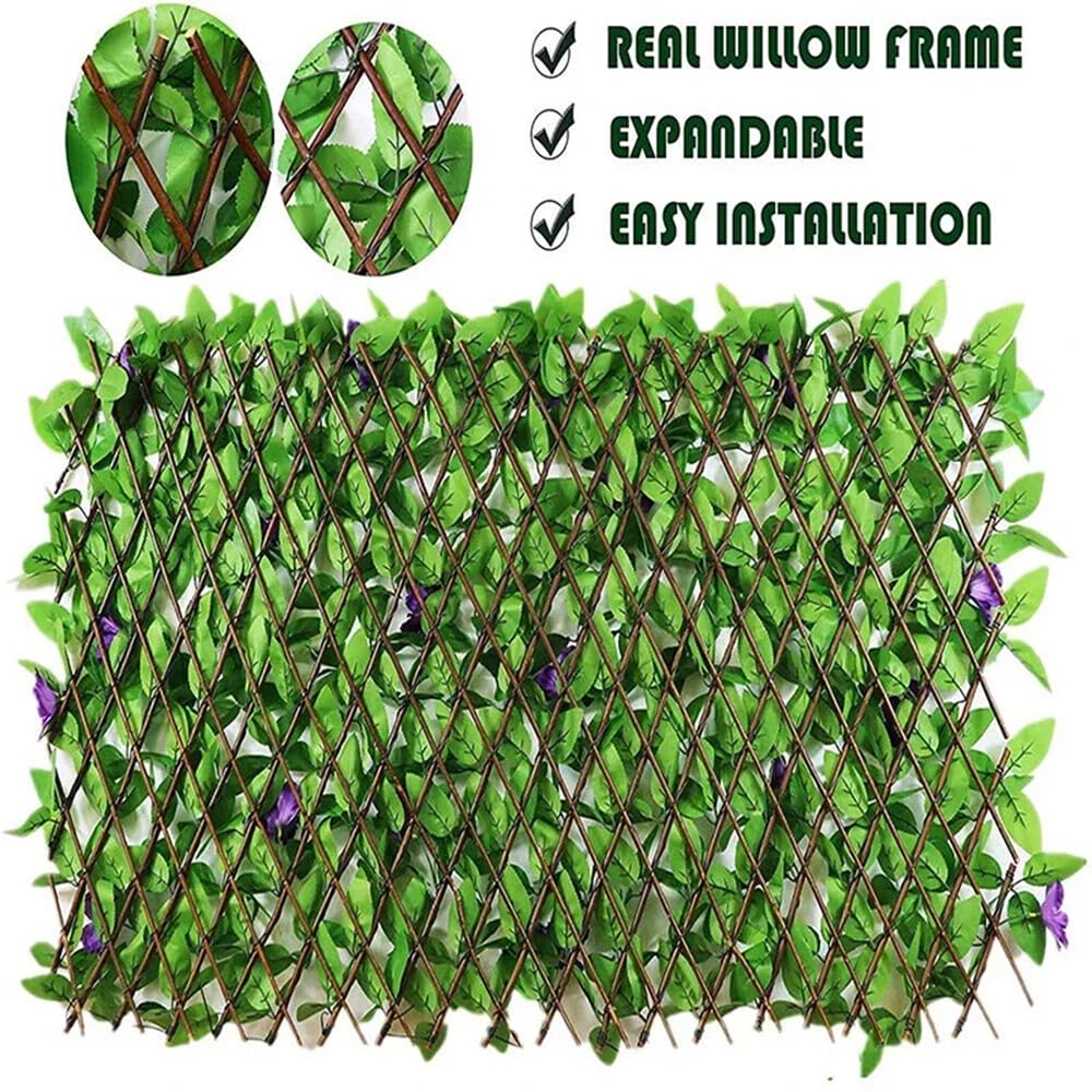 Expanding Garden Trellis Panels 200x40cm,Expandable Garden Fence Screening with Artificial Ivy and Violet Flower,Garden Greenery Leaf Backdrop Decoration (2pcs)