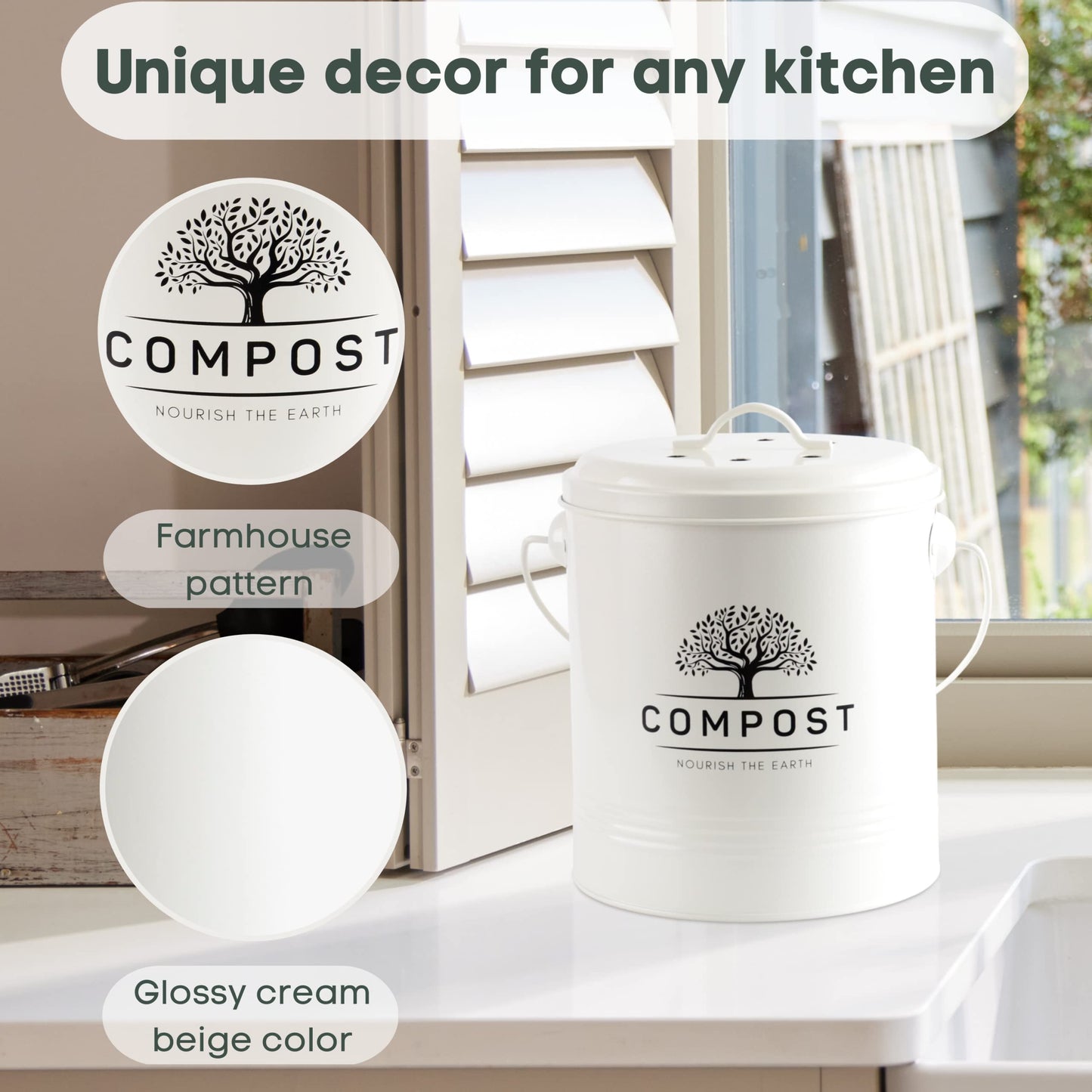 Perfnique Kitchen Compost Bin, 5 Liter/1.3 Gallon Countertop Compost Bin with Lid, Indoor Compost Bucket Includes Inner Bucket Liner and Carbon Filter, Small Compost Bin